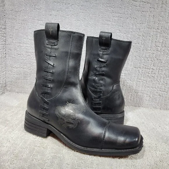 Mark Nason Mens 7.5 Black Dragon Rock Side Lace Up Square Toe Western Boots